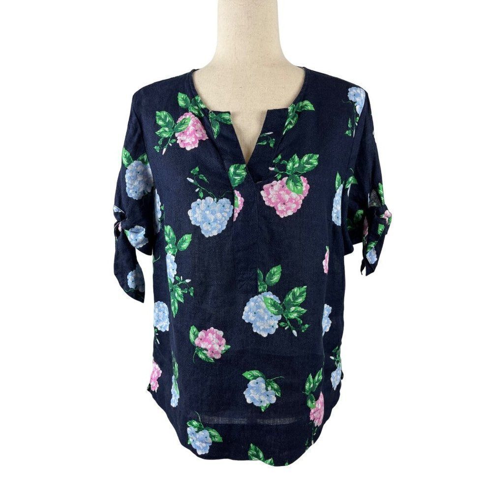 Charter Club Luxury Linen Navy Floral Popover Blouse Top Small Coastal Beachy
